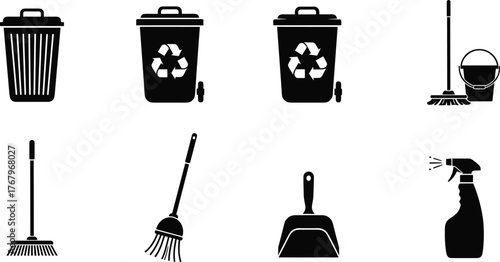 Black cleaning tools icons set, recycle bin, broom, mop, dustpan, spray bottle, bucket, vector illustration, white background, household equipment