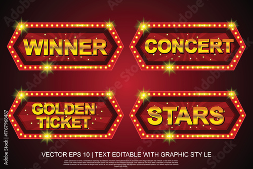 Vintage illuminated marquee signboard with glowing lights and bold text like Winner and Concert, evoking a glamorous retro entertainment and showbiz atmosphere.