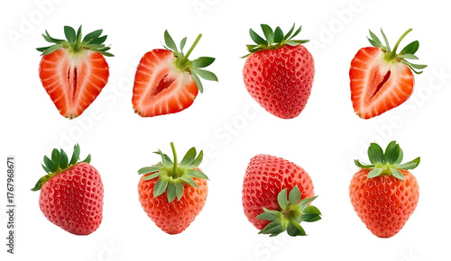 Strawberry cut out. Ripe fresh red strawberry isolated on white background. With clipping path. Summer delicious sweet berry organic fruit, food, diet, vitamins, creative layout. Mockup