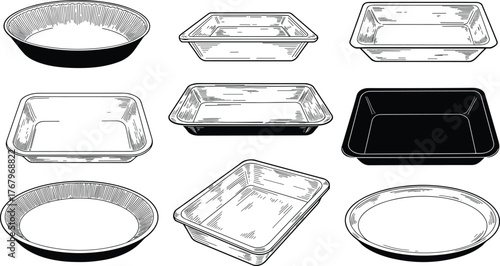 Black and white baking tray vector collection, kitchen utensil illustration, dish container design, food packaging box, minimalist cooking art