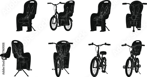 Bicycle child seat collection, safety baby carrier design, family cycling equipment, bike accessories for kids, black silhouette vector illustration, transportation concept