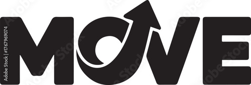 Bold black move word with upward arrow replacing the letter o symbolizing progress forward motion and action isolated on transparent background