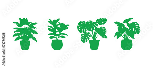 A collection of green silhouettes featuring houseplants in black. Potted plants stand out against a white background. A set of vibrant tropical plants. Stylish home decor showcasing indoor plants.