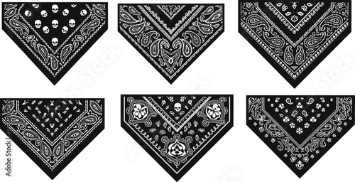 Bandana vector collection, black and white paisley scarf designs, skull and floral pattern illustrations, western vintage handkerchief style set