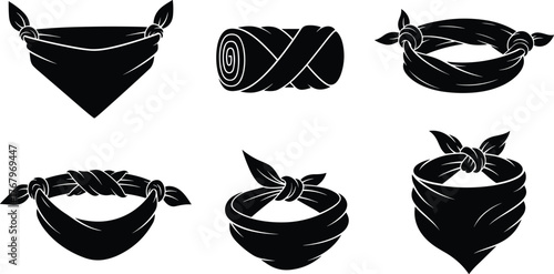 Bandana silhouette vector set, tied neck scarf collection, black and white cowboy accessory, folded fabric illustration for design and fashion