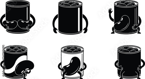 Anthropomorphic bean cans, cartoon food characters, expressive canned beans, playful packaging design, animated legumes, quirky illustration, fun kitchen concept, creative food art