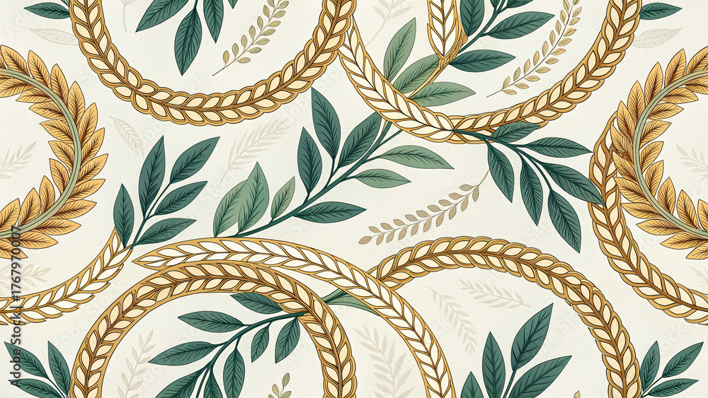 Fototapeta premium European Western Victorian Damask Seamless Pattern, ornate laurel wreath floral in gold and green on cream, elegant vintage wallpaper background, classic botanical textile repeat design