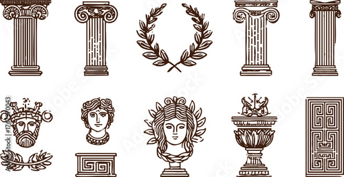 Illustrations of classical Greco-Roman architectural elements such as columns, statues, leaf crowns, and decorative carvings, suitable for antique, historical, or classical art projects.