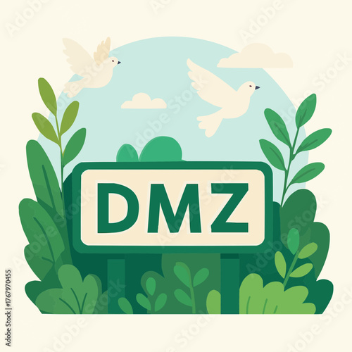 Demilitarized zone sign surrounded by lush greenery and birds, symbolic peace scene, flat vector