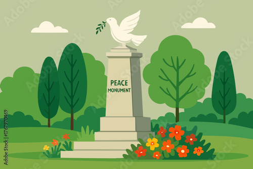 Peace monument surrounded by trees and flowers in a demilitarized green zone, flat vector art