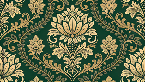 European & Western Victorian Damask seamless repeat pattern, ornate gold floral baroque on emerald green, vintage decorative wallpaper background for luxury home decor, textile fabric, packaging, bran