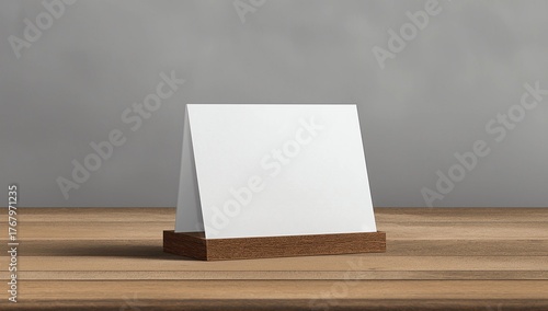 Blank menu frame label mockup in restaurant bar stand for booklet with acrylic white sheet paper tent card on wooden table. White isolated background