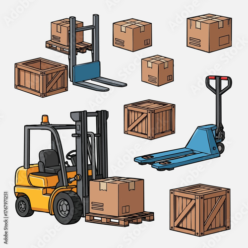 An illustrated depiction of warehouse logistics, featuring forklifts, pallets, and cardboard boxes, ideal for business and industrial design.