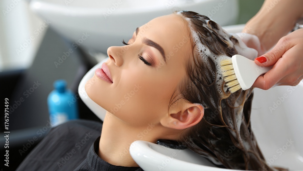 Naklejka premium Woman enjoying a relaxing hair washing and conditioning treatment at a salon