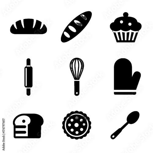 Set of black silhouette icons representing baking tools and baked goods including bread, muffin, rolling pin, whisk, oven mitt, loaf, pie, and spoon