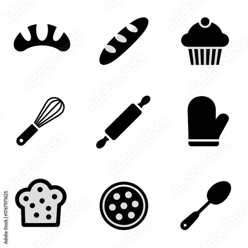 Collection of black silhouette icons representing baking tools and baked goods including bread, cupcake, whisk, rolling pin, oven mitt, cookie, pie, and spoon.