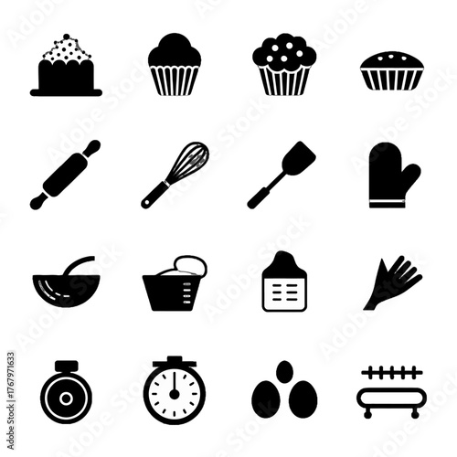 Set of black silhouette icons representing baking tools and ingredients including cakes, utensils, eggs, and kitchen equipment.