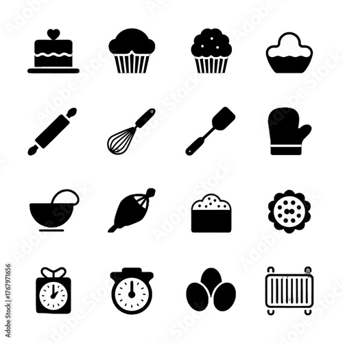 Set of black silhouette icons representing baking and cooking tools and items including cakes, cupcakes, utensils, eggs, timer, and oven.