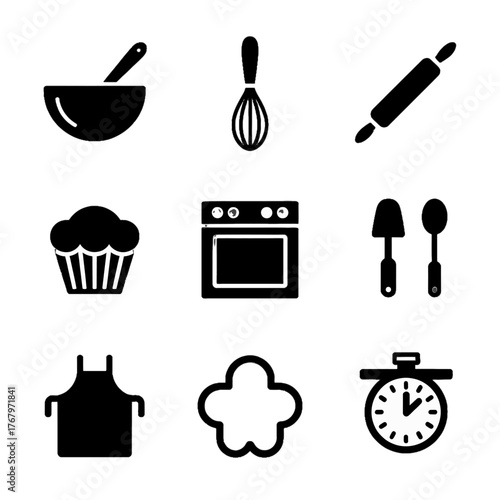 Set of black silhouette icons representing baking and cooking tools including mixing bowl, whisk, rolling pin, cupcake, oven, utensils, apron, cookie cutter, and timer.