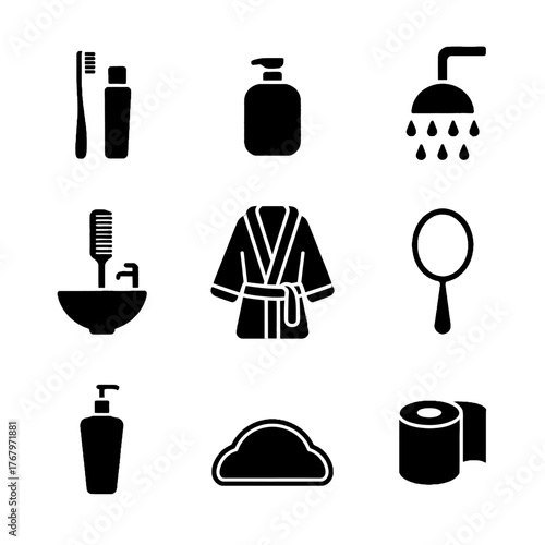 Set of bathroom and personal care icons including toothbrush, soap, shower, robe, mirror, sink, shampoo, towel, and toilet paper