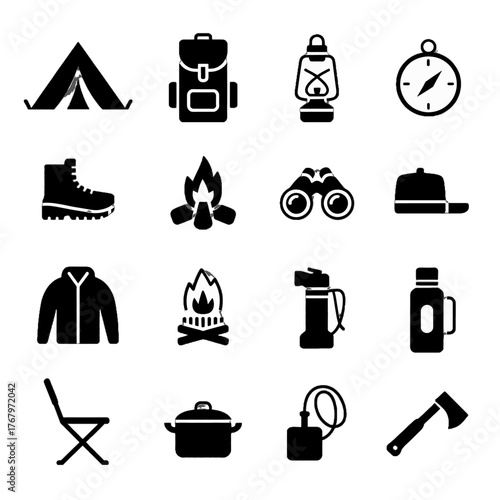 Set of camping and outdoor gear icons including tent, backpack, lantern, compass, boots, campfire, binoculars, hat, jacket, mug, water bottle, chair, pot, fishing reel, and axe