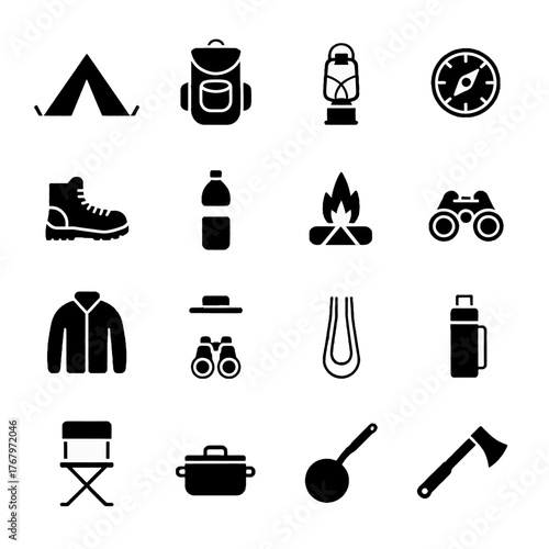 Set of camping and outdoor gear icons including tent, backpack, lantern, compass, boots, water bottle, campfire, binoculars, jacket, hat, rope, thermos, chair, pot, ladle, and axe