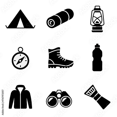 Set of black silhouette icons representing outdoor camping and hiking equipment including tent, sleeping bag, lantern, compass, boots, water bottle, jacket, binoculars, and flashlight