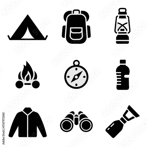 Set of black silhouette icons representing camping and outdoor adventure equipment including tent, backpack, lantern, campfire, compass, water bottle, jacket, binoculars, and flashlight.