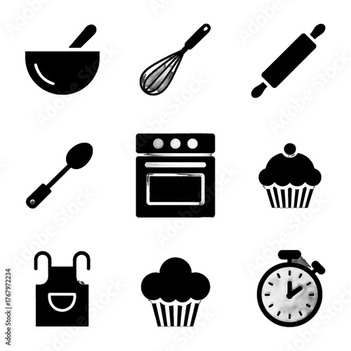 Set of black silhouette icons representing baking tools and items including mixing bowl, whisk, rolling pin, spoon, oven, cupcakes, apron, and timer