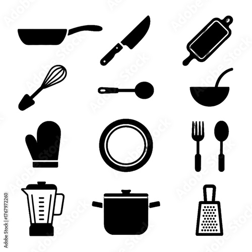 Collection of kitchen utensils and cookware icons in black silhouette style