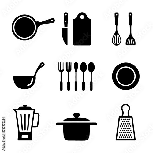 Set of black silhouette icons representing common kitchen utensils and cookware including pans, knives, spoons, forks, a blender, pot, grater, and plate.