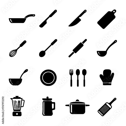 Collection of kitchen utensils and cookware icons in black silhouette style