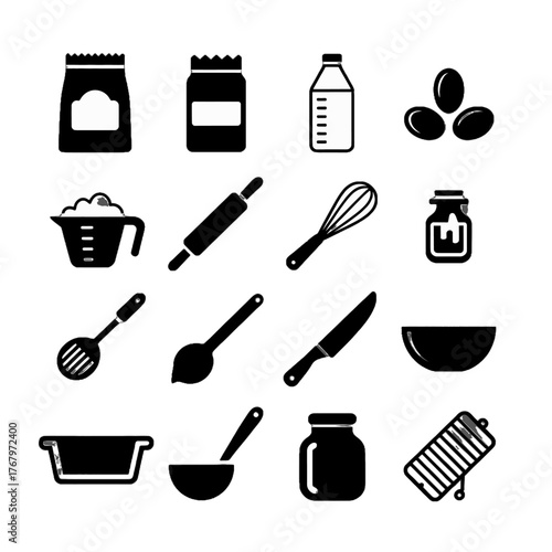 Collection of black silhouette icons representing kitchen tools and ingredients including measuring cups, rolling pin, whisk, knife, bowl, and pantry items.