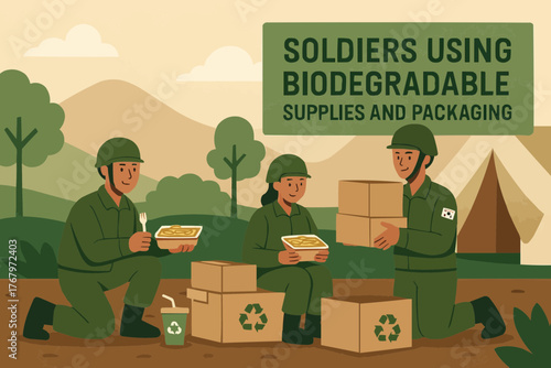 Soldiers using biodegradable supplies and packaging in field operations, flat vector art