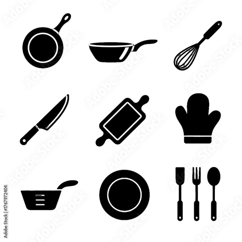 Set of black silhouette kitchen utensils and cookware icons including pan, knife, whisk, rolling pin, oven mitt, measuring cup, plate, and cutlery