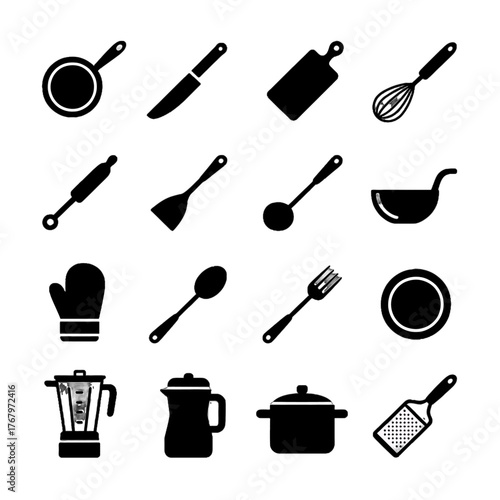 Collection of black silhouette kitchen utensils and cookware icons