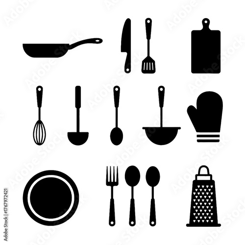 Black silhouette icons of various kitchen utensils and tools including a pan, knife, spatula, cutting board, whisk, ladle, spoon, bowl, oven mitt, plate, fork, spoons, and grater.