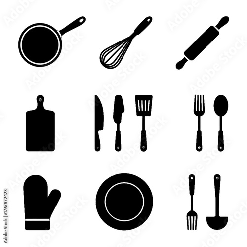 Collection of black silhouette kitchen utensils and cookware icons including pan, whisk, rolling pin, cutting board, knives, spatula, fork, spoon, oven mitt, plate, and serving tools