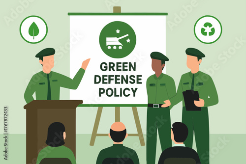 Military officials presenting green defense policy in a conference room, flat vector infographic