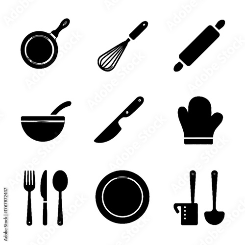 Set of black silhouette kitchen utensils and cookware icons including pan, whisk, rolling pin, bowl, knife, oven mitt, cutlery, plate, and measuring tools.