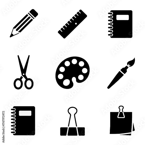 Collection of black and white icons representing common office and art supplies including pencils, rulers, notebooks, scissors, paint palettes, brushes, binders, and paper clips.