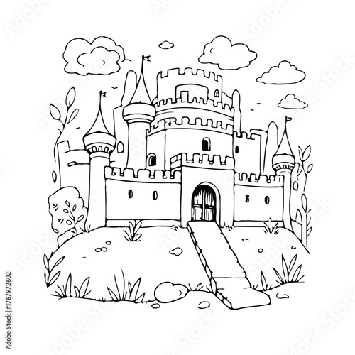 Enchanting fortified construction illustration on hill coloring page creating a charming fairytale