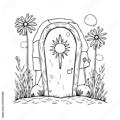 Enigmatic arched entryway adorned with celestial design and surrounded by blossoming meadows