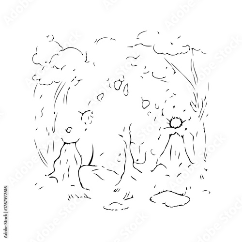 Enigmatic contour drawing showcasing a serene natural scene including mountains trees clouds and a