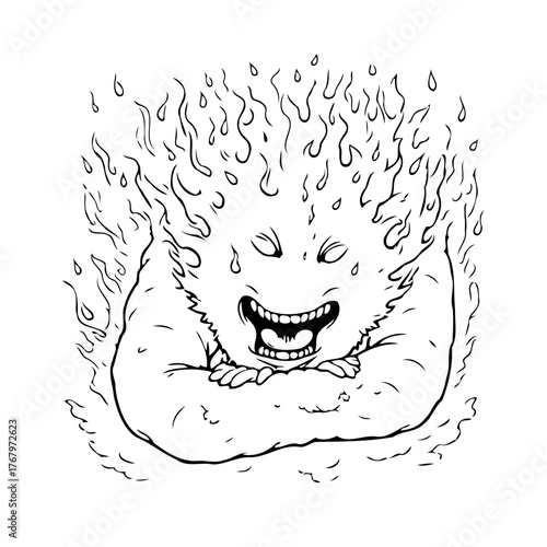 Enigmatic fiery character with sinister grin embodies chaotic energy in conceptual monochrome