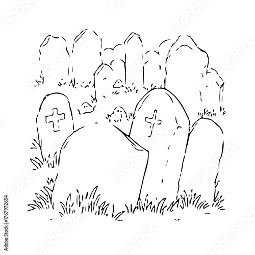 Ethereal Cemetery Sketch: Hand-Drawn Memorial Landscape with Aged Gravestones Evoking Reflections
