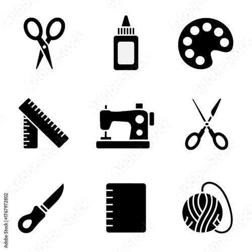 Set of black silhouette icons representing crafting and sewing tools including scissors, ruler, paint palette, sewing machine, knife, notebook, and yarn.