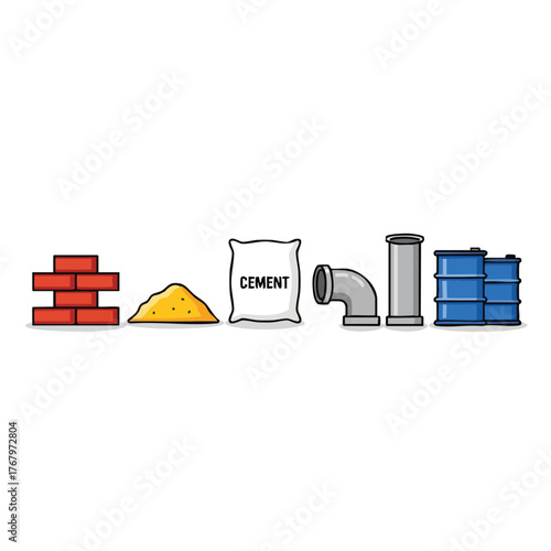 A vector illustration depicts various construction materials, including bricks, sand, cement, pipes, and oil barrels, arranged in a row against a white backdrop.