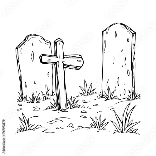 Graveyard scene with headstones and cross evokes solemn reflection in grayscale line drawing