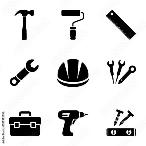 Collection of construction and repair tools including hammer, roller, ruler, wrench, helmet, screwdrivers, toolbox, drill, and screws